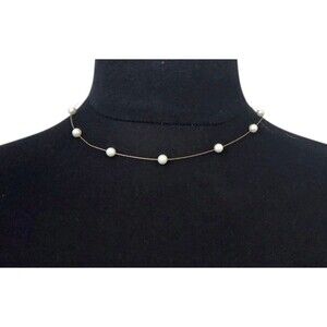 14k Yellow Gold Floating Pearl Station Vintage Collar Necklace 16in - 3.57g